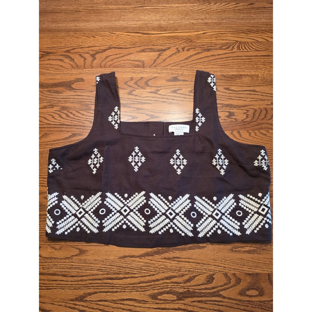 Calypso St Barth Embroidered Tank Top Womens XL Brown Linen Blend Square Neck